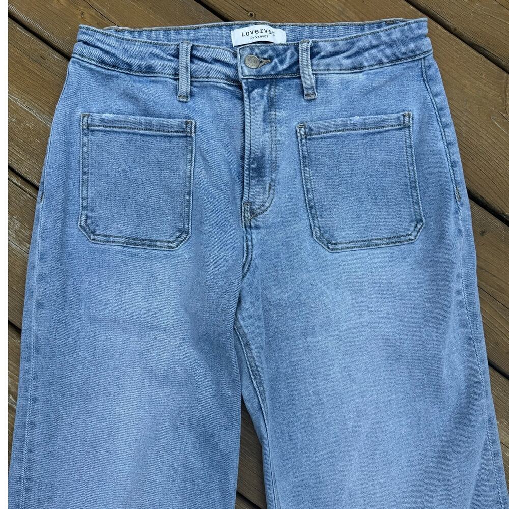 Lovervet by Vervet size 31/13 90s High Rise Patch Pocket Light Wash Flare Jeans - Picture 2 of 9